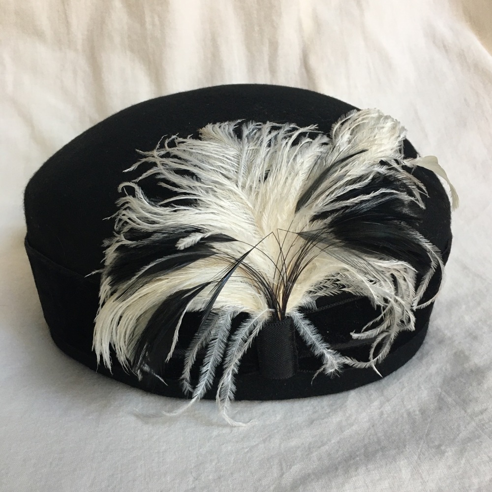 Ostrich Feather Hat, Wool Felt Pillbox Hat